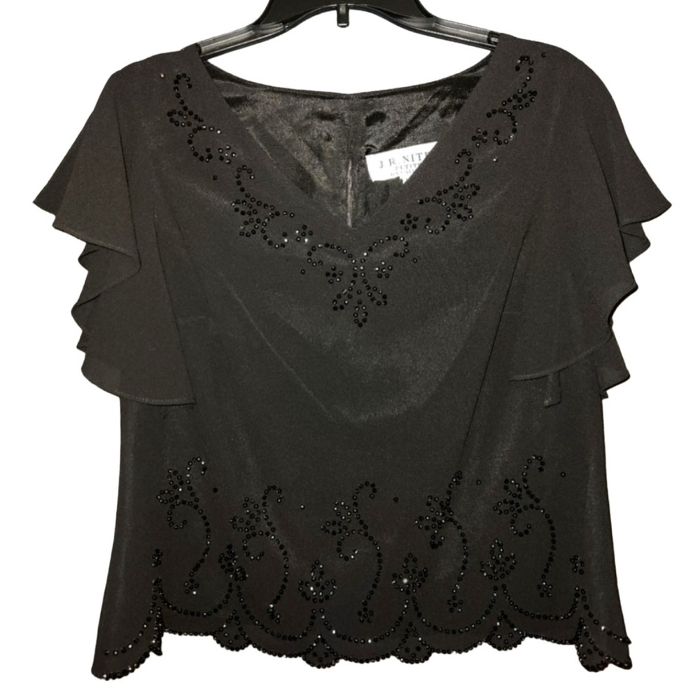 NWT J.R. Nites By Caliendo Black Beaded Flutter Sleeve Ruffled Blouse Size 12P